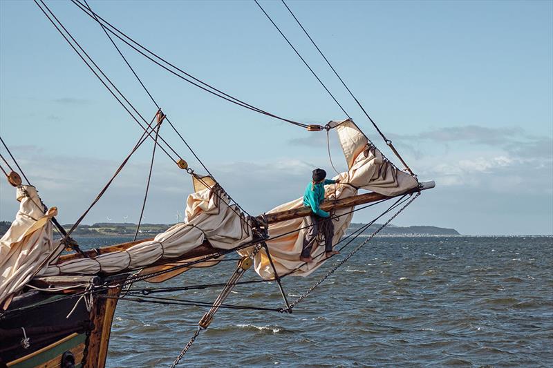 Work on a bowsprit of a Norwegian jakt Skreien from 1909 is not easy on windy Limfjorden - Limfjorden Rundt Regattas photo copyright Edgar Wroblewski taken at  and featuring the Tall Ships class