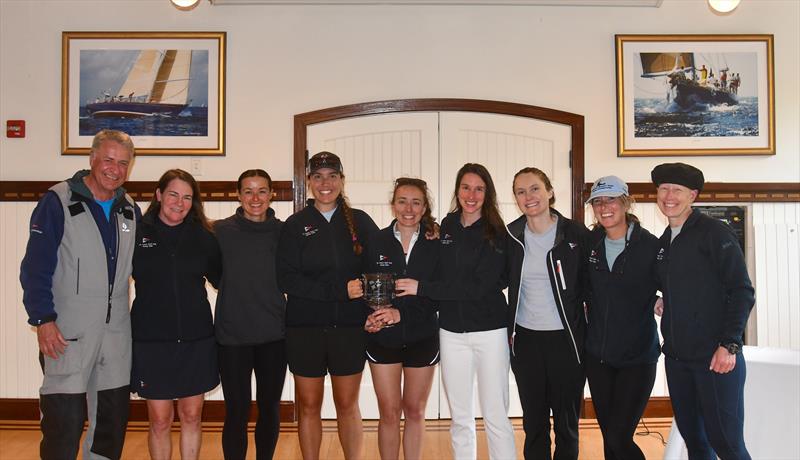 St. Francis Yacht Club Three-Peats as Women's 2v2 Team Racing Champs: Molly Carapiet, Rosalind Meade, Samantha Steele, McKenzie Wilson, Lindsey Baab, Helen Lord, Kate Shiber, and Elena VandenBerg with event chair Michael Obuchowski - photo © Julia Boron / NYYC