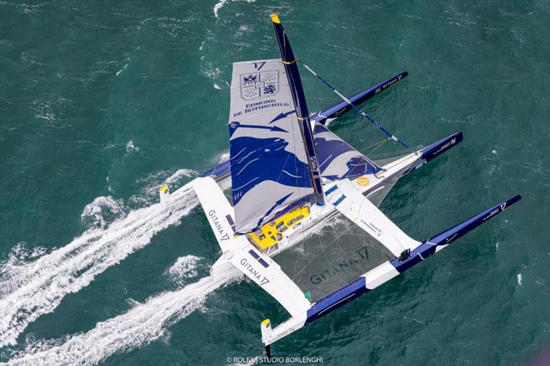 Maxi Edmond de Rothschild co-skippered by Franck Cammas and Charles Caudrelier leads the Rolex Fastnet Race photo copyright Carlo Borlenghi / Rolex taken at Royal Ocean Racing Club and featuring the Trimaran class