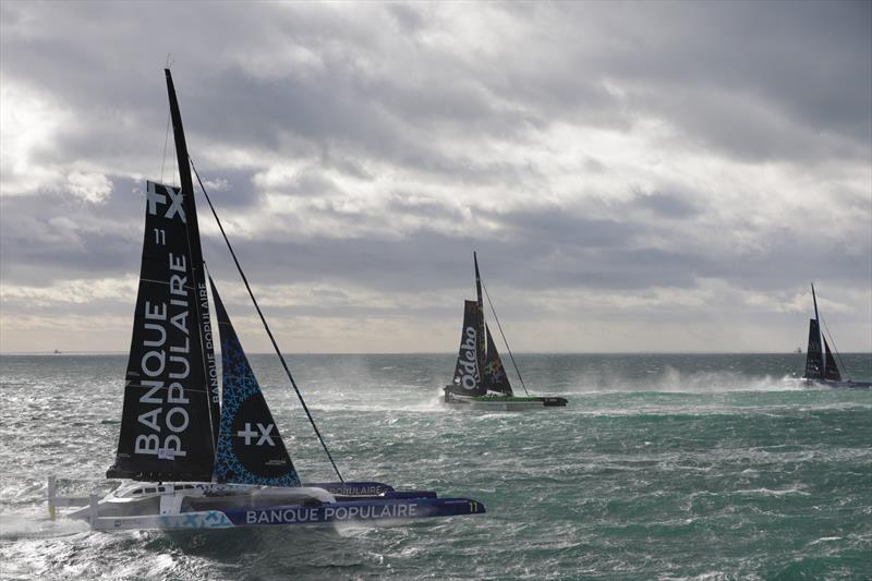 Ultims (105ft) after the start of Transat Jacques Vabre in Le Havre, France, on October 29, 2023,  photo copyright Jean-Marie Liot taken at  and featuring the Trimaran class