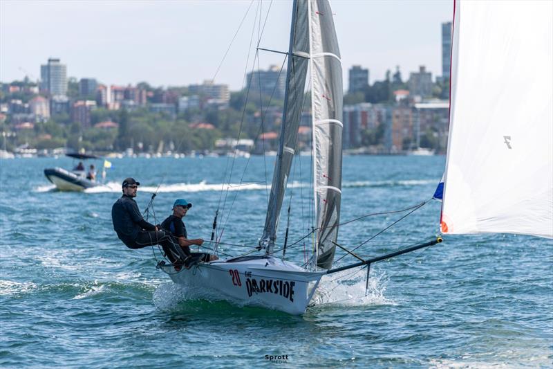 Tim Bartlett and Matt Hix on 'The Darkside' from NZL - 2026 triSearch 12ft Skiff Interdominion Championship on Sydney Harbour Day 2 - photo © @sprottmedia