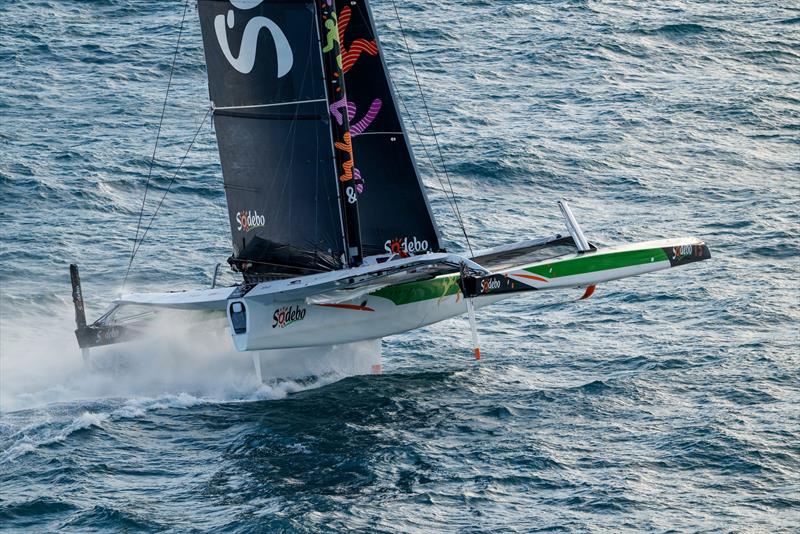 Thomas Colville and crew on Sodebo Ultim 3 off Ouessant, win the Jules Verne Trophy, a non-stop crewed round-the-world race, in Brest on Sunday 25th 2026 - photo © Lloyd Images / Sodebo