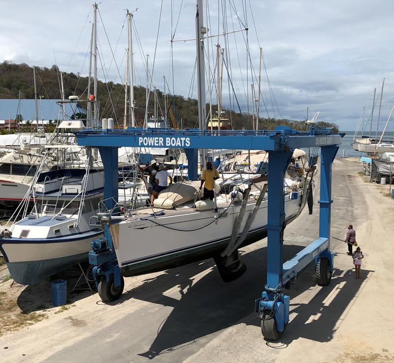 Yacht in the cradle at Peake Yacht Services - photo © Bruce Amlicke