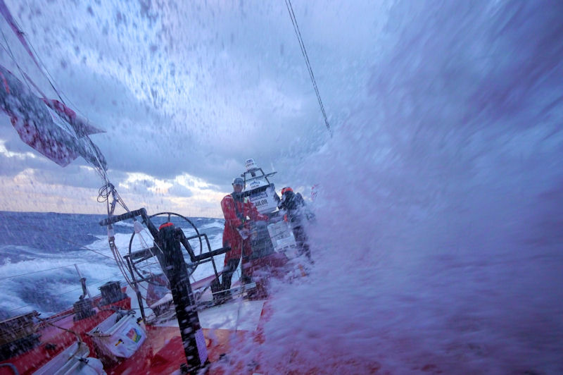 OK it is a race boat, but it is still a wall of water - photo © Hamish Hooper/CAMPER ETNZ/Volvo Ocean Race