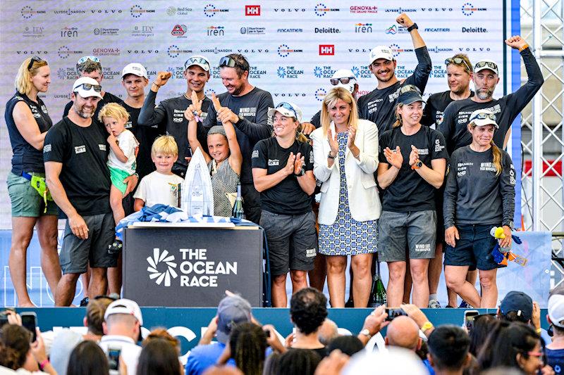 The Ocean Race VO65 Sprint Cup 2022-23 - 26 June 2023. WindWhisper Racing Team celebrating Stage 3 victory, Stage Prize Giving in the Ocean Live Park in Genova, Italy photo copyright Sailing Energy / The Ocean Race taken at  and featuring the Volvo One-Design class
