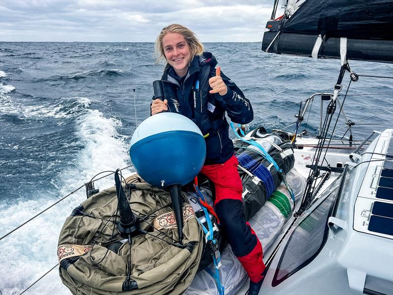 The Ocean Race 2022-23 - 7 March 2023, Leg 3, Day 9 onboard Team Malizia. Rosalin Kuiper getting the surface drifter ready for deployment - photo © Antoine Auriol / Team Malizia / The Ocean Race