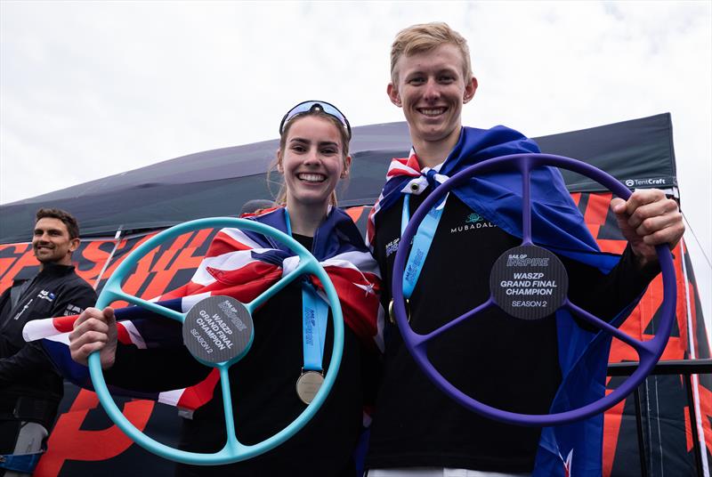 Inspire WASZP Grand Final champions Hattie Rogers GBR and Sean Herbert NZL celebrate with their trophies on Race Day 2 of San Francisco SailGP, Season 2 photo copyright Felix Diemer/SailGP taken at Golden Gate Yacht Club and featuring the WASZP class