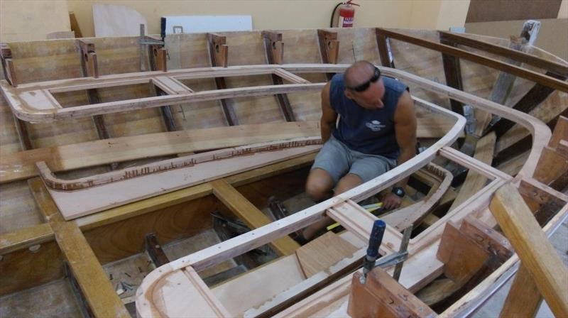 The frame for the seats has been positioned and sits neatly  and level  on the frames. The knees have also been placed and will be attached using fillets.  - photo © Wessex Resins & Adhesives