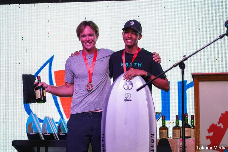 Winners celebrate after three days of Wingfoiling - 2024 Peters & May Round Antigua Race photo copyright Paul Wyeth / pwpictures.com taken at Antigua Yacht Club and featuring the Wing Foil class