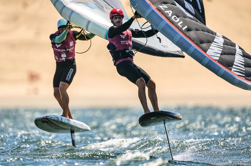 Julien Rattotti [FRA] leading Jeremiah McDonald [NZL] - 2025 WingFoil Racing World Cup Morocco - photo © IWSA media / Robert Hajduk